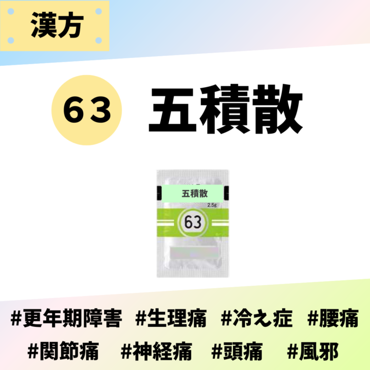 処方箋なしで市販で購入できるツムラ63五積散。更年期障害、生理痛、冷え症、頭痛、関節痛、神経痛、頭痛、風邪