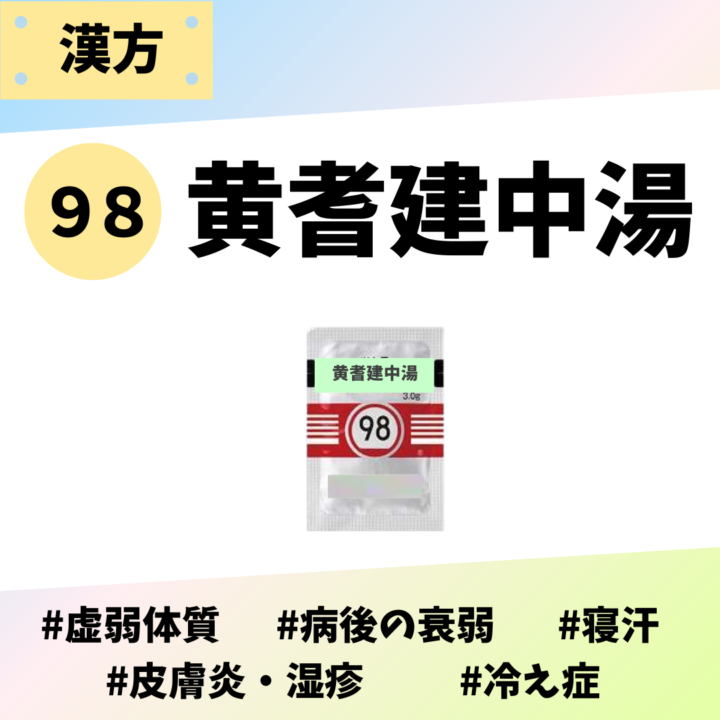 処方箋なしで市販で購入できるツムラ98黄耆建中湯。虚弱体質、病後の衰弱、寝汗、皮膚炎、湿疹、冷え性