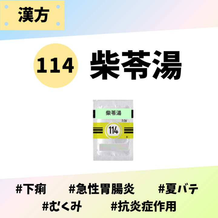 処方箋なしで市販で購入できるツムラ114柴苓湯。下痢、急性胃腸炎、夏バテ、整形後のむくみ、抗炎症作用