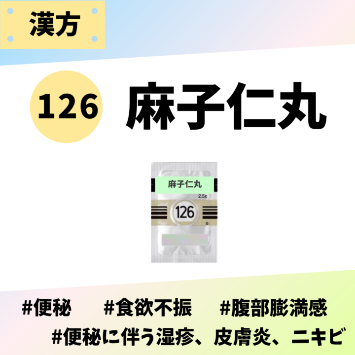 処方箋なしで市販で購入できるツムラ126麻子仁丸。便秘、食欲不振、腹部膨満感、お腹の張り、湿疹、皮膚炎、ニキビ、吹き出物