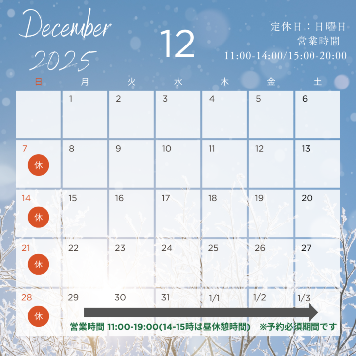 2025年12月の営業日カレンダー。処方箋なしで病院のお薬が買える零売店　Grand薬局　上野店　