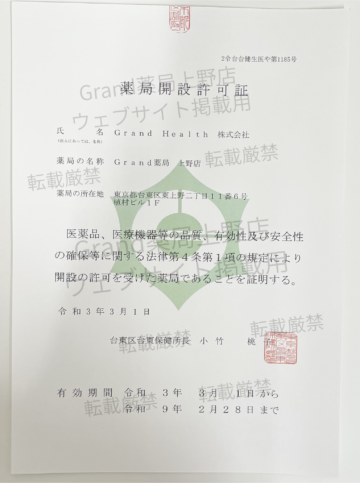 Grand薬局上野店　薬局許可証